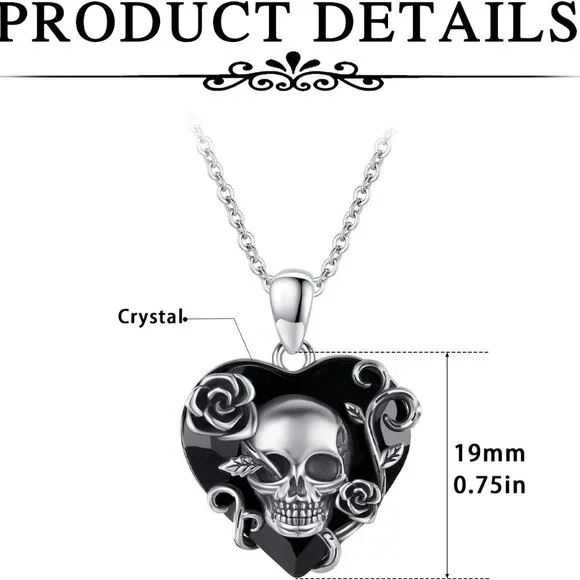 Skull Necklace 925 Sterling Silver Rose Skull Pendant with Austrian Black Heart